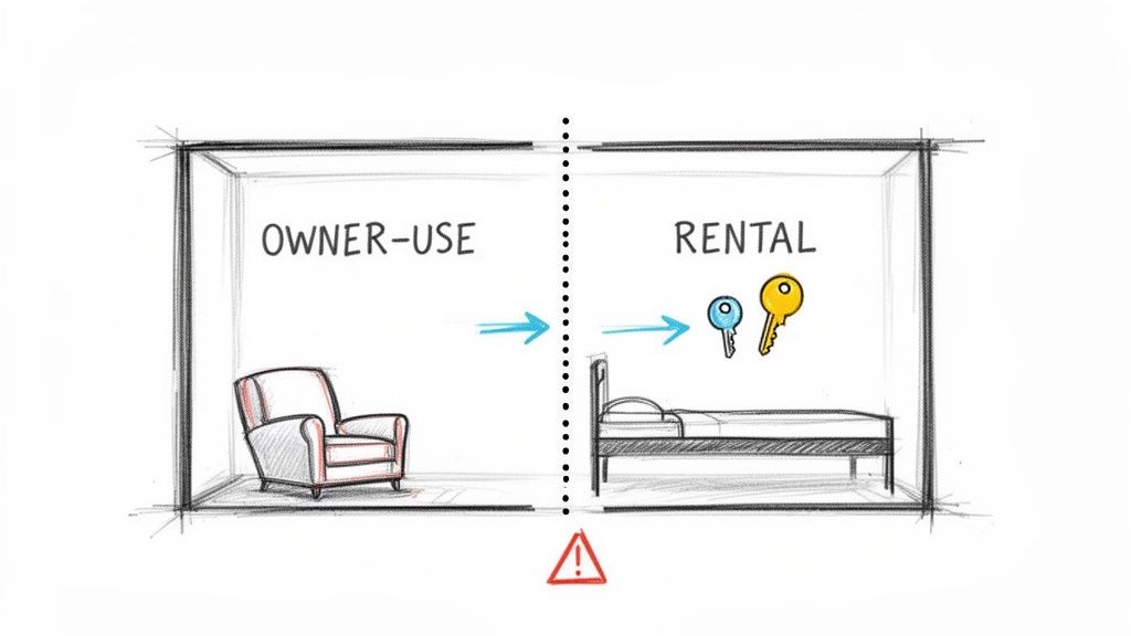 Grafik zeigt den Übergang einer Immobilie von Eigennutzung (Sessel) zur Vermietung (Bett, Schlüssel) mit einem Warnzeichen darunter.