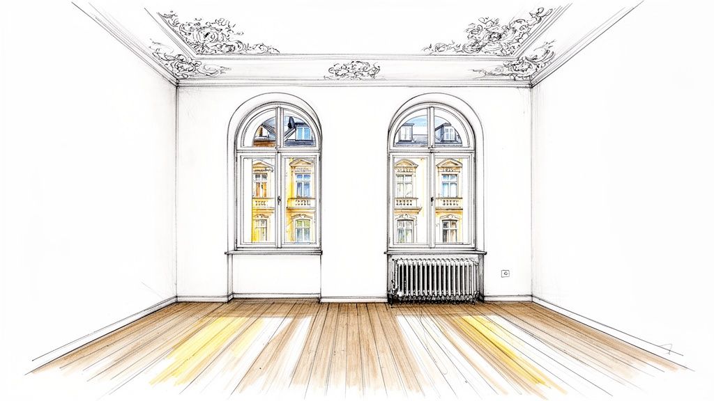 Skizze eines hellen Altbauraums mit Holzboden, Stuckdecke und zwei Fenstern, die Licht hereinlassen.