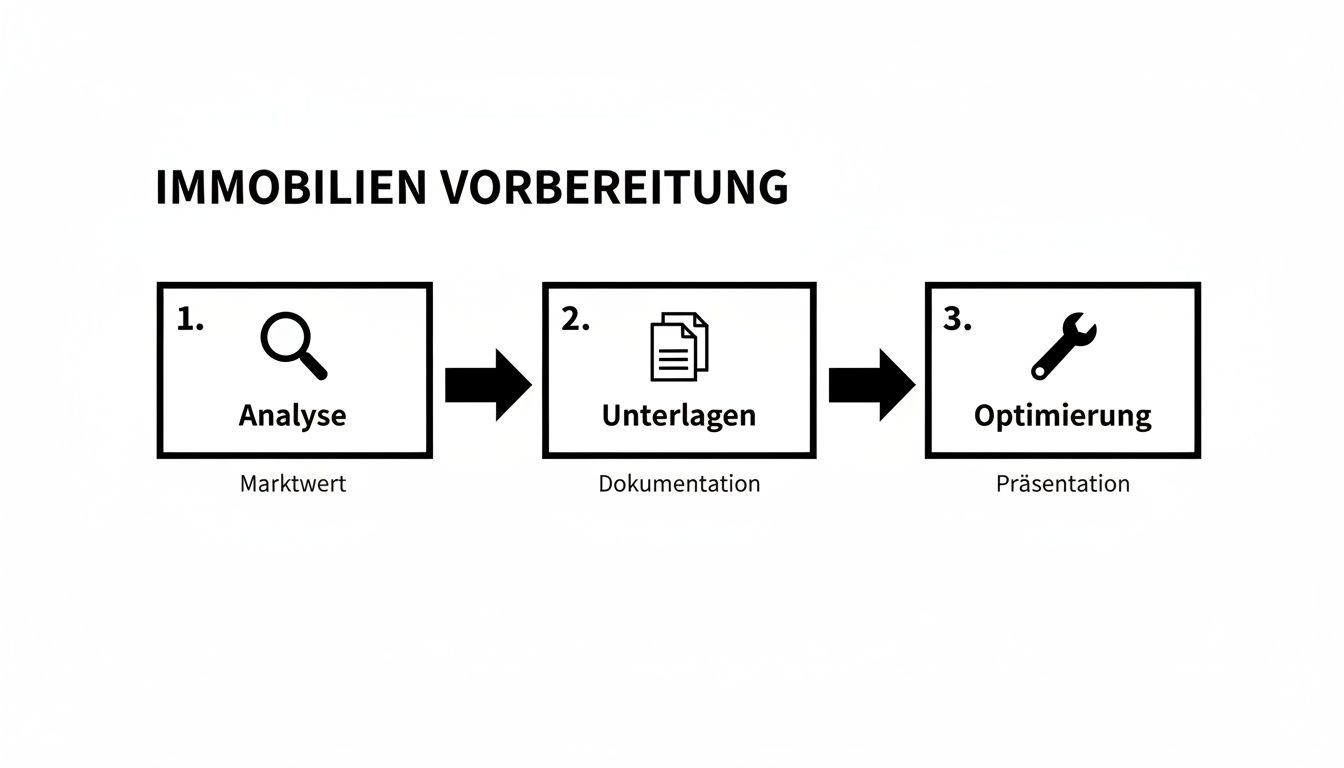 Ein Flussdiagramm zeigt die drei Schritte zur Immobilienvorbereitung: Analyse, Unterlagen und Optimierung für die Präsentation.