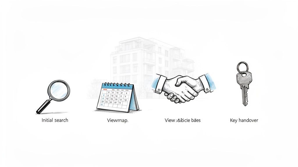 Vier Symbole zeigen den Prozess der Wohnungssuche: Erstsuche, Terminplanung, Vertragsabschluss und Schlüsselübergabe.