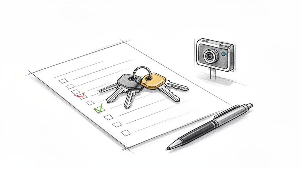 Eine Checkliste auf Papier mit Stift, Schlüsselbund und einer kleinen Kamera im Hintergrund.