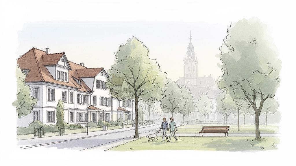 Idyllische Stadtansicht mit historischen Häusern, grünen Bäumen, Spaziergängern und Kirchturm im Hintergrund.