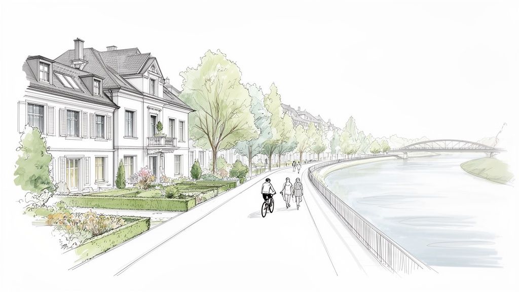 Architektonische Skizze einer eleganten Uferpromenade mit historischen Gebäuden, Gärten, Fußgängern, Radfahrern und einer Brücke.