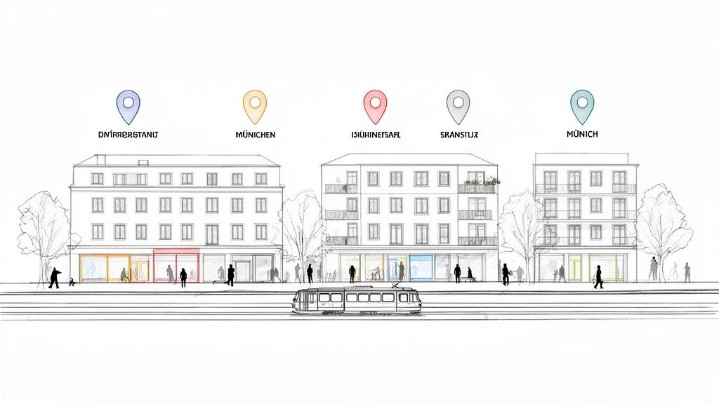 Architektonische Skizze von Wohn- und Geschäftshäusern mit Ladengeschäften, Passanten und einer Straßenbahn. Standortnadeln zeigen Städte wie München.