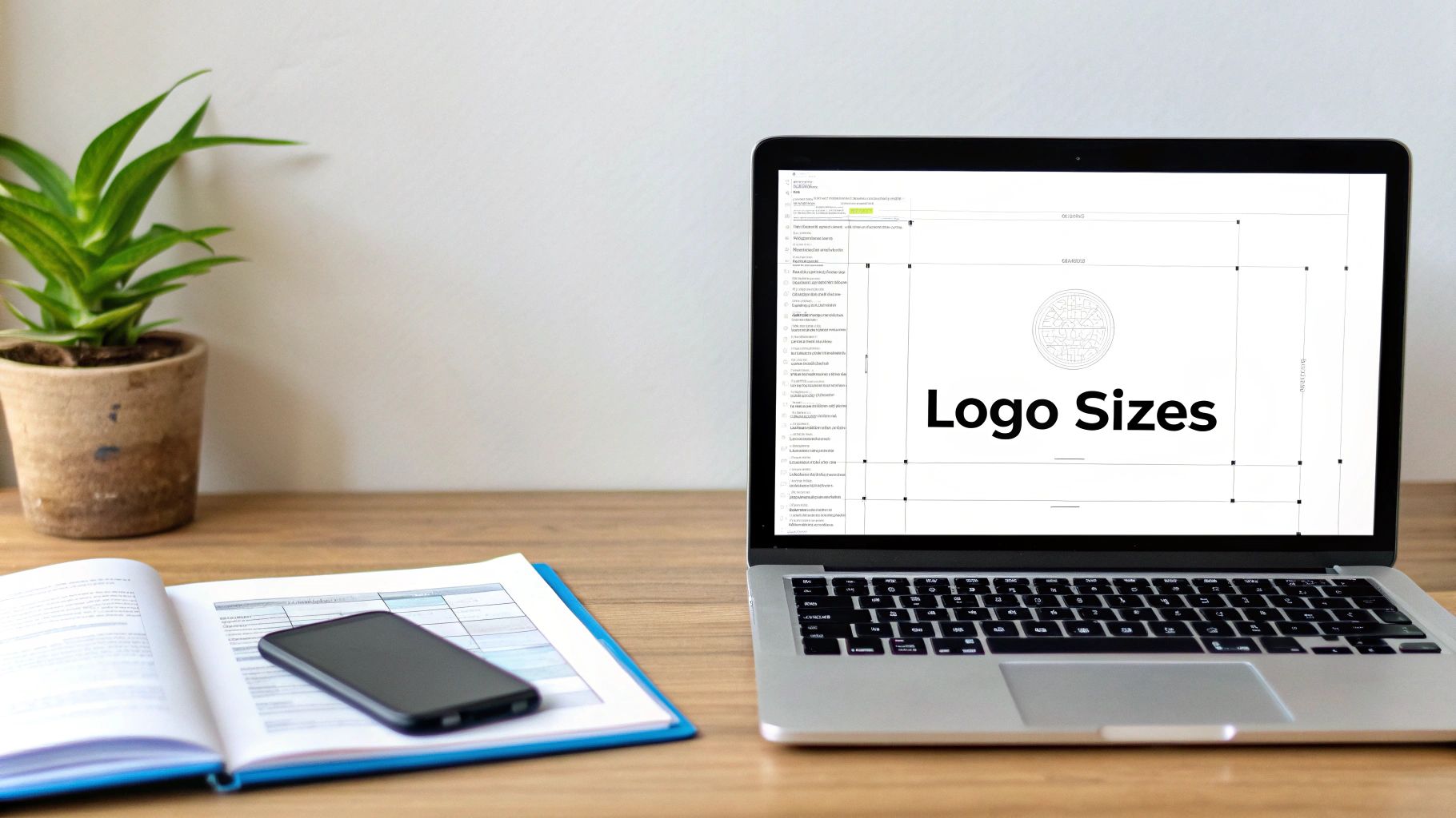 A laptop on a wooden desk showing 'Logo Sizes' on screen, with a plant, book, and smartphone.