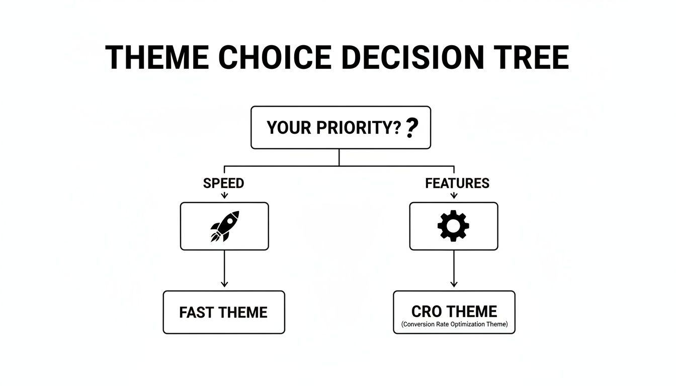 Decision tree illustrating theme choice based on priority: speed for fast themes or features for CRO themes.