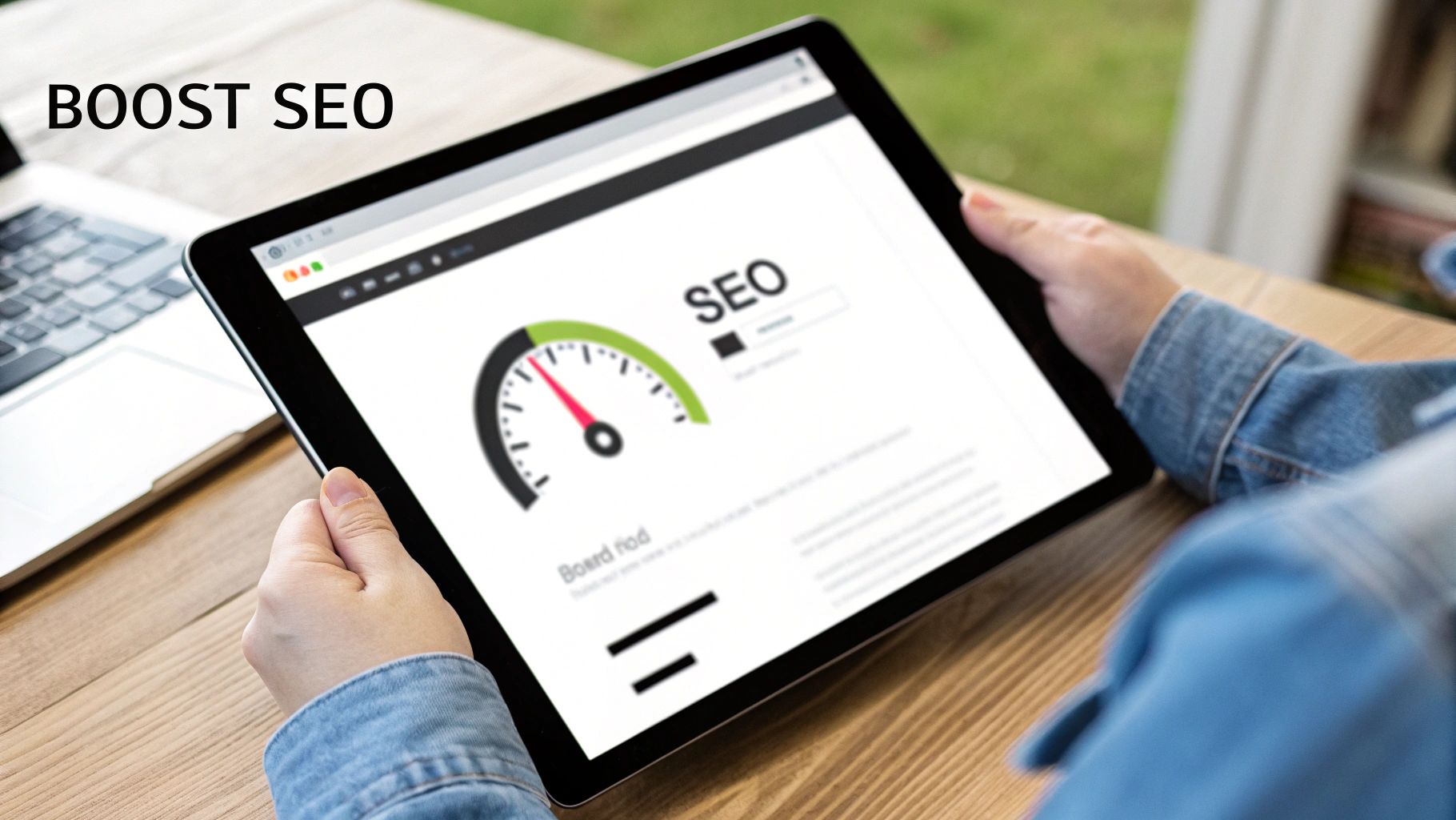 A person holds a tablet displaying an SEO dashboard with a gauge, promoting 'BOOST SEO'.