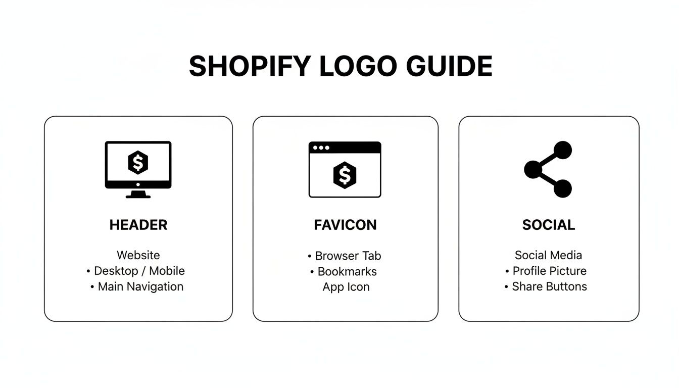 Shopify logo guide illustrating appropriate uses for header, favicon, and social media platforms, with visual examples.