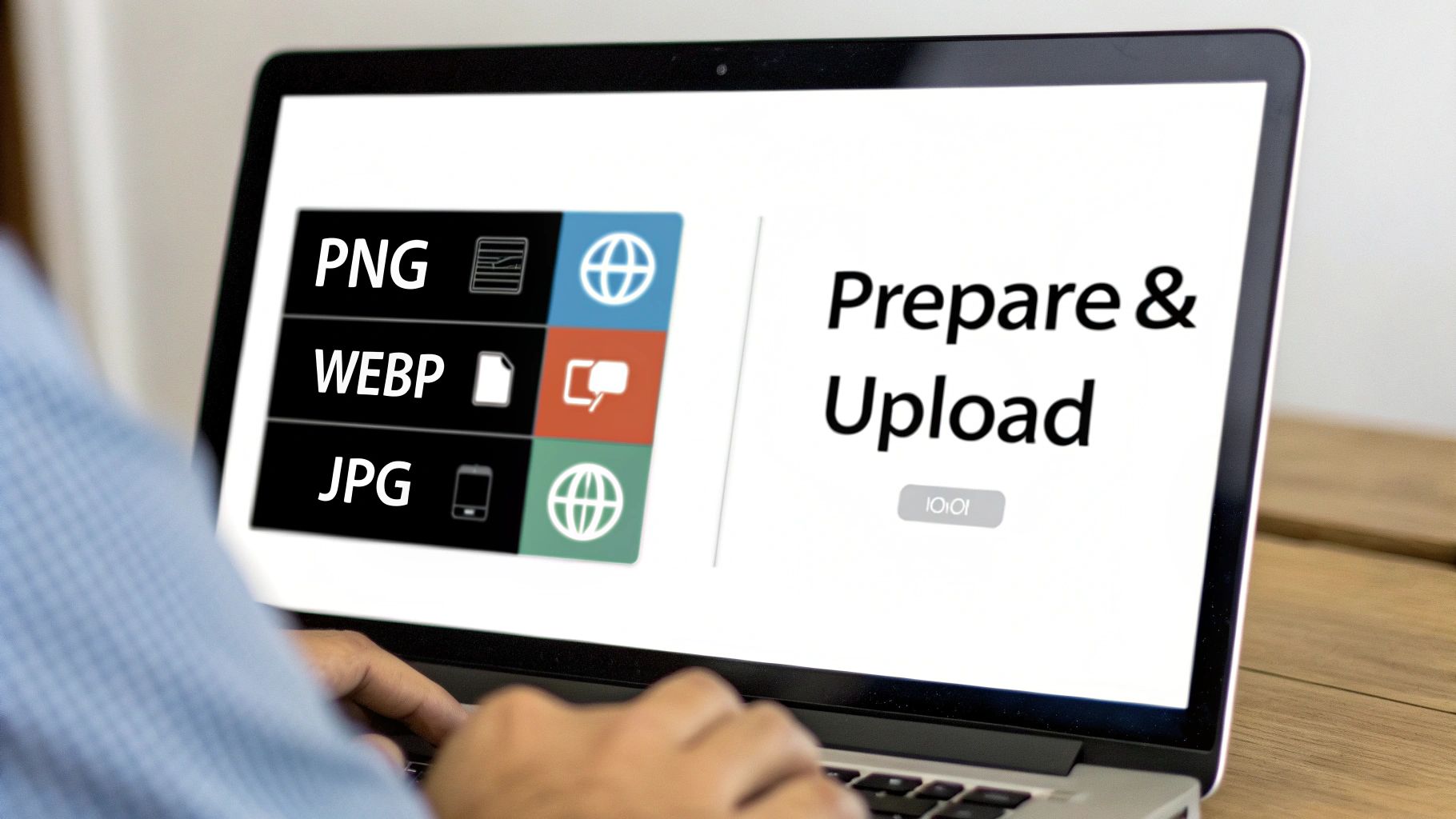 A person typing on a laptop, showing a screen with PNG, WEBP, JPG image format options and 'Prepare & Upload' text.