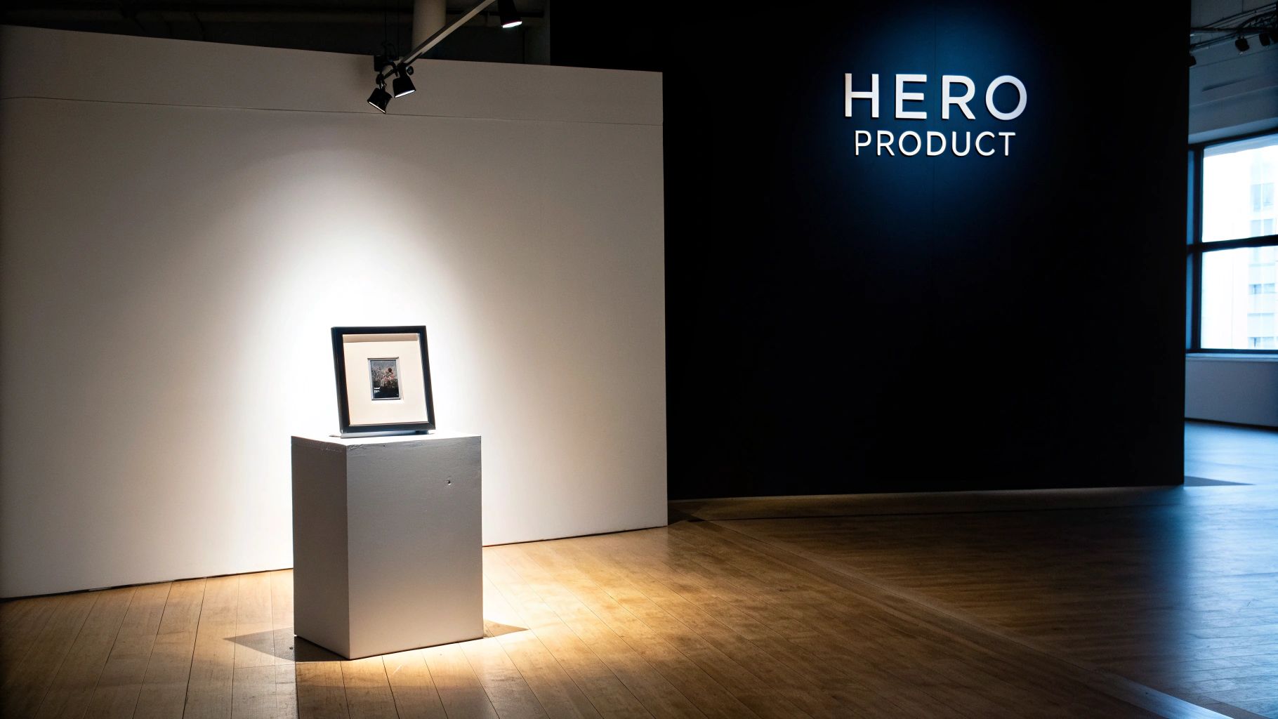 A framed artwork on a pedestal in a gallery, with 'HERO PRODUCT' illuminated on a black wall.