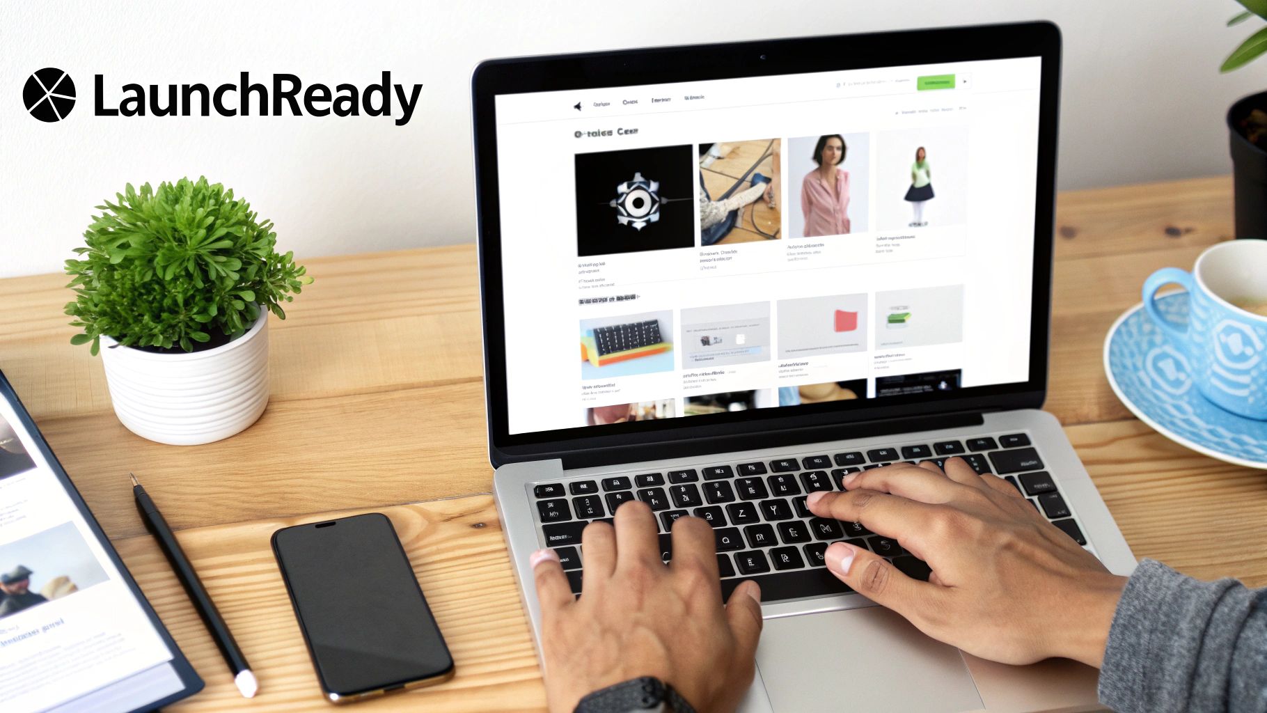 Hands typing on a laptop displaying a website, with coffee, phone, and a plant on a wooden desk.