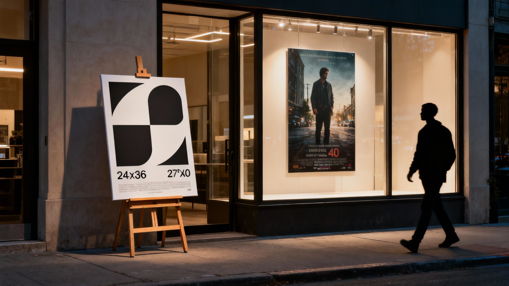 Urban night scene with a movie poster in a brightly lit window and a graphic poster on an easel.
