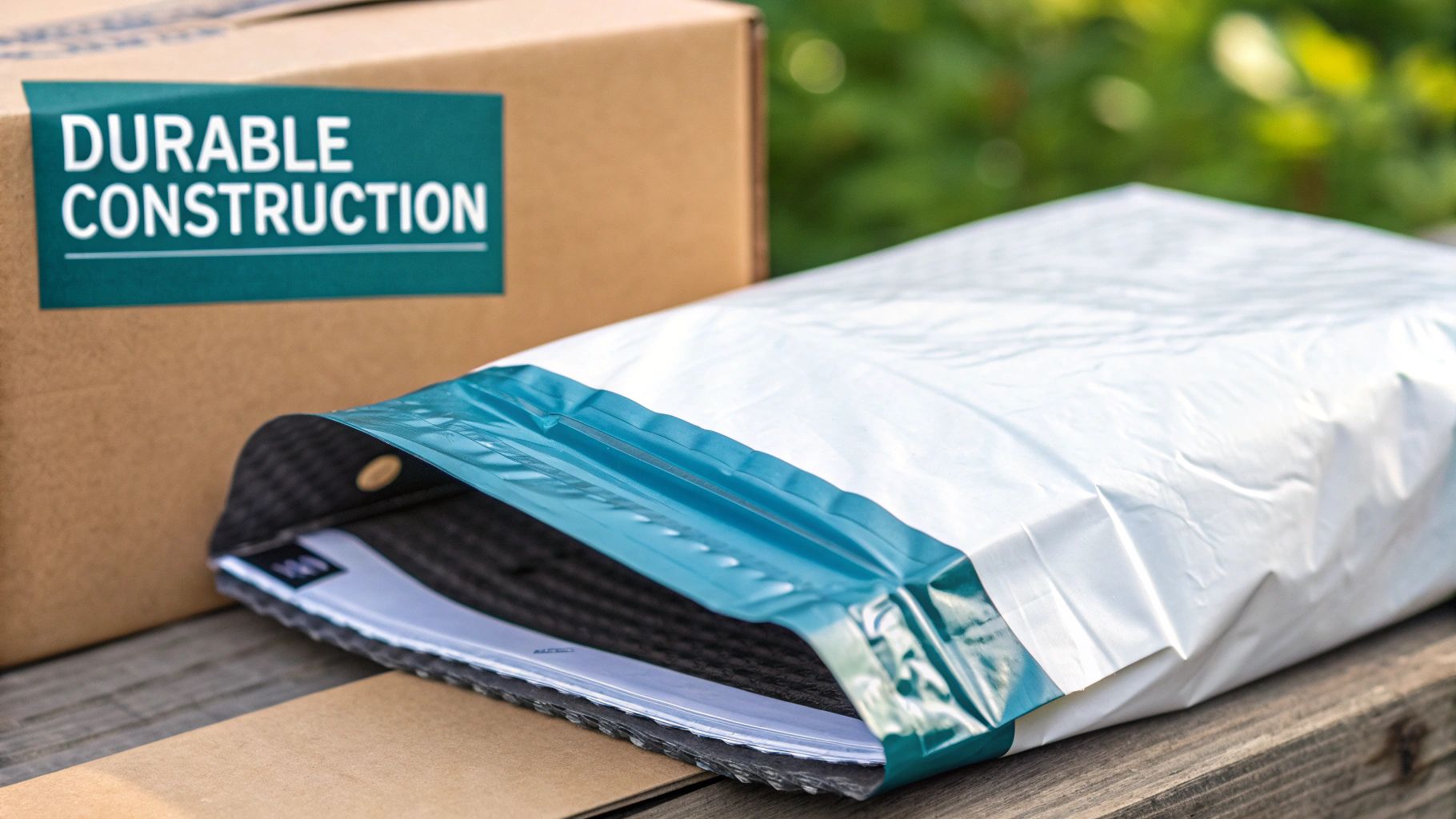 Durable poly mailer bag with cardboard box on wooden surface for shipping products