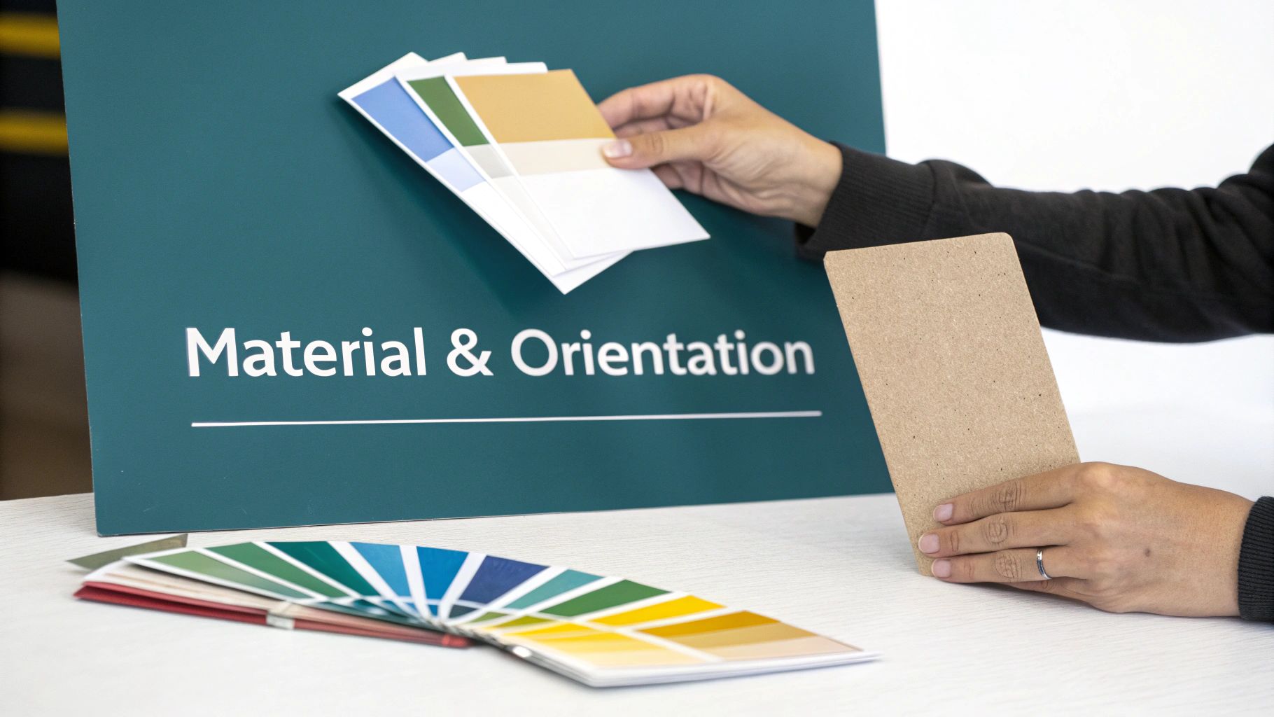 A person reviewing a printed table tent design at a desk with a computer and coffee.