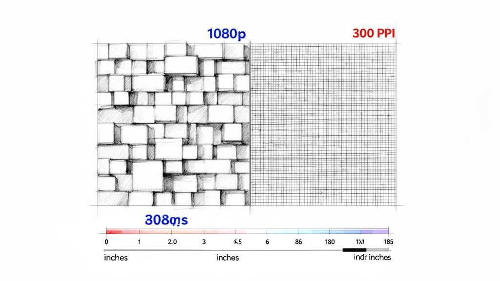 A split image comparing 1080p resolution blocks with a 300 PPI grid, alongside an inches scale.