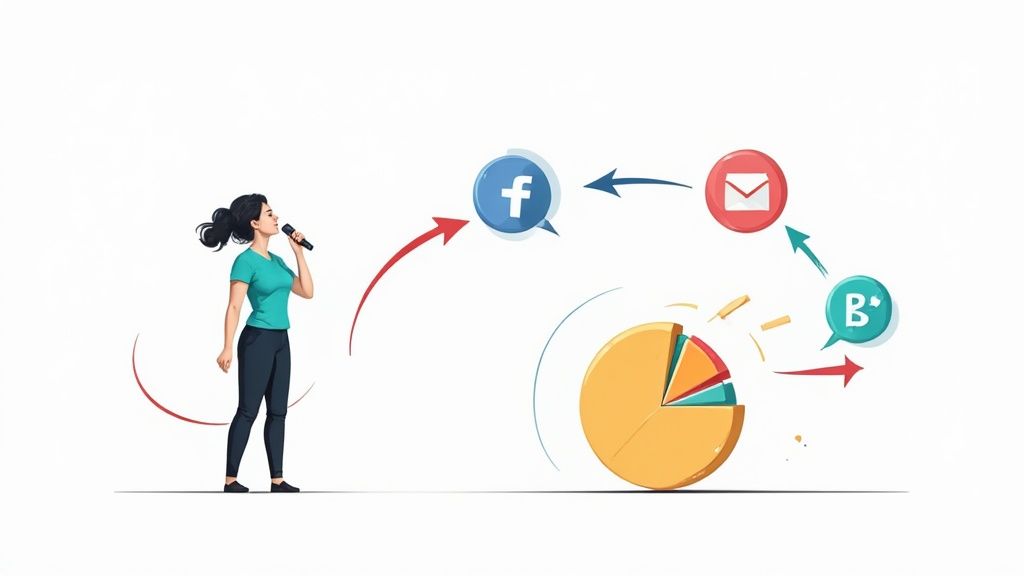 A magnifying glass hovering over a bar chart, symbolizing the analysis of marketing ROI data.