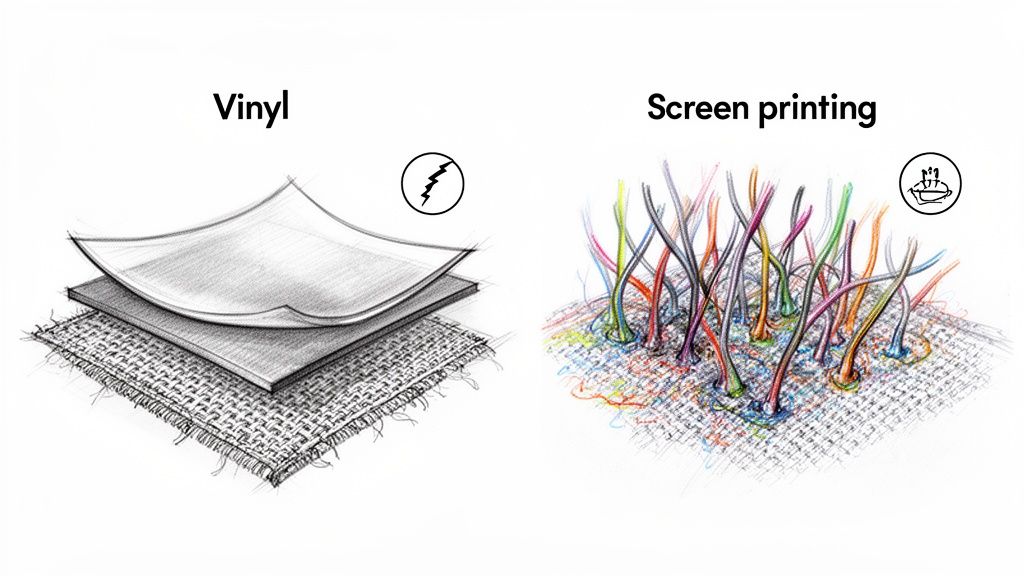 Illustrations comparing vinyl material layers with a cracking icon, and colorful screen printing ink embedded in fabric with a wash icon.