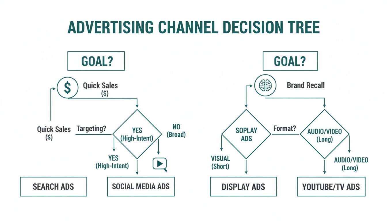 Decision tree guiding selection of advertising channels based on quick sales or brand recall.