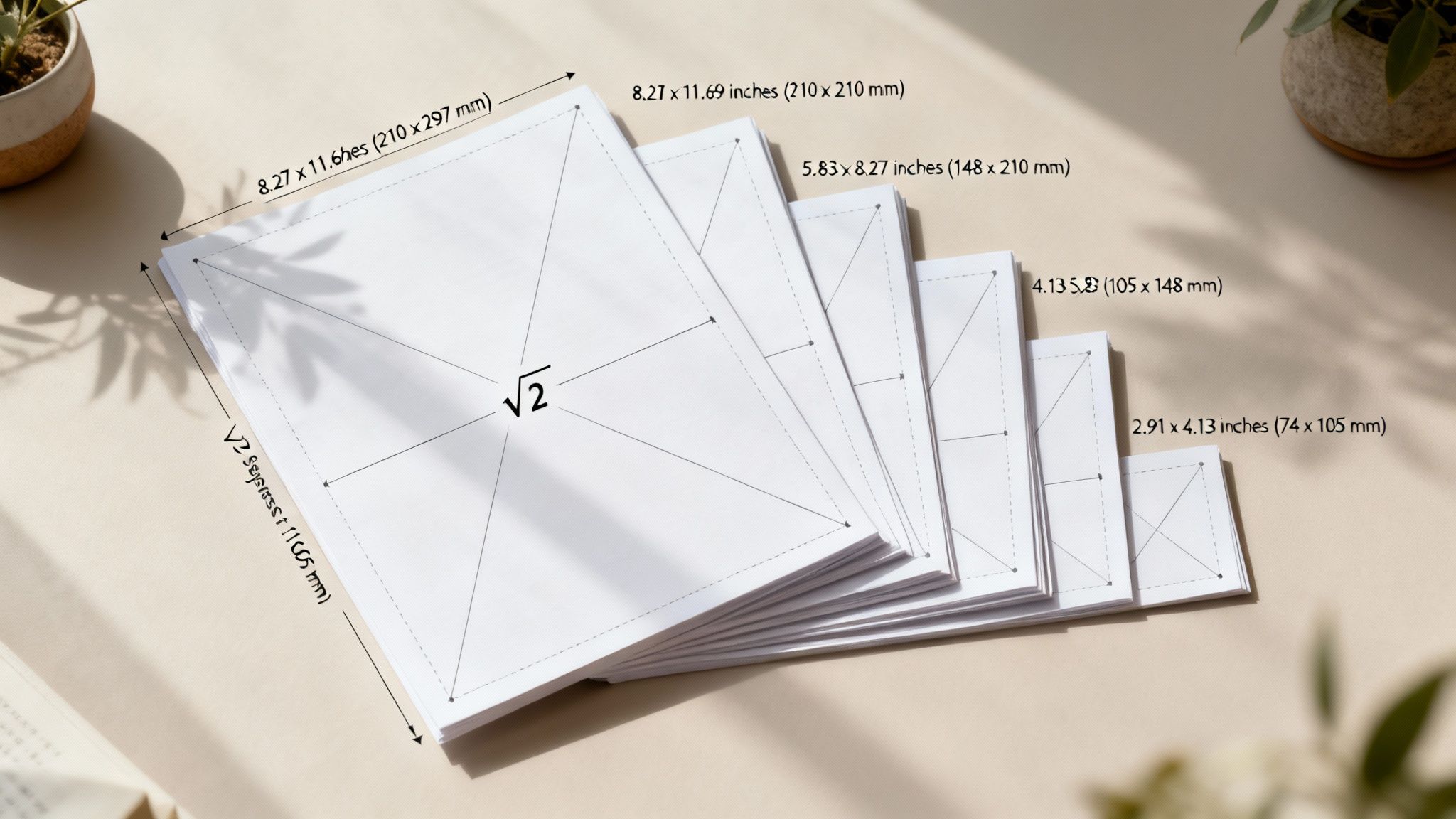 A stack of white papers showing different A-series paper sizes with their dimensions labeled.