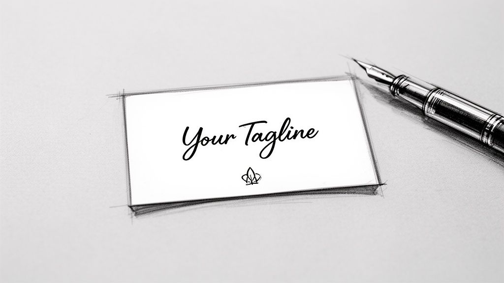 A sketched design features a white card with "Your Tagline" in script, next to a fountain pen.