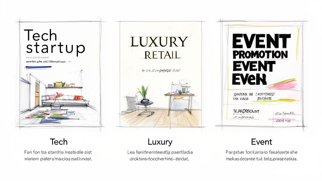 Three conceptual sketches for flyers or posters, showcasing designs for tech, luxury, and event promotion.