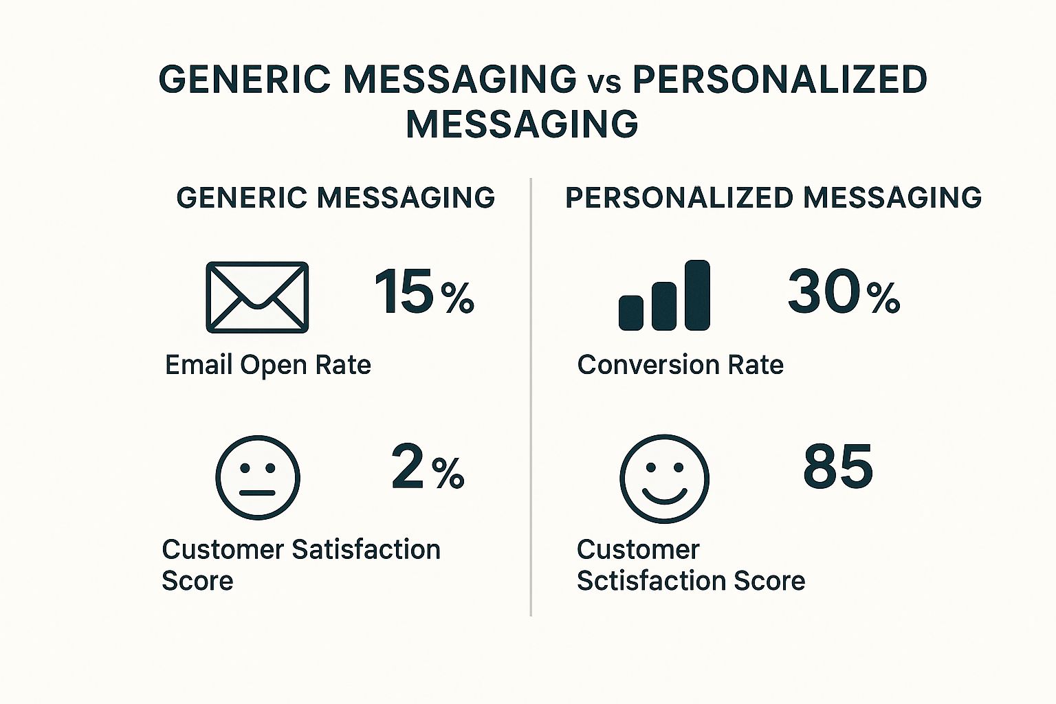 Infographic comparing generic versus personalized messaging on metrics like open rate, conversion rate, and customer satisfaction.
