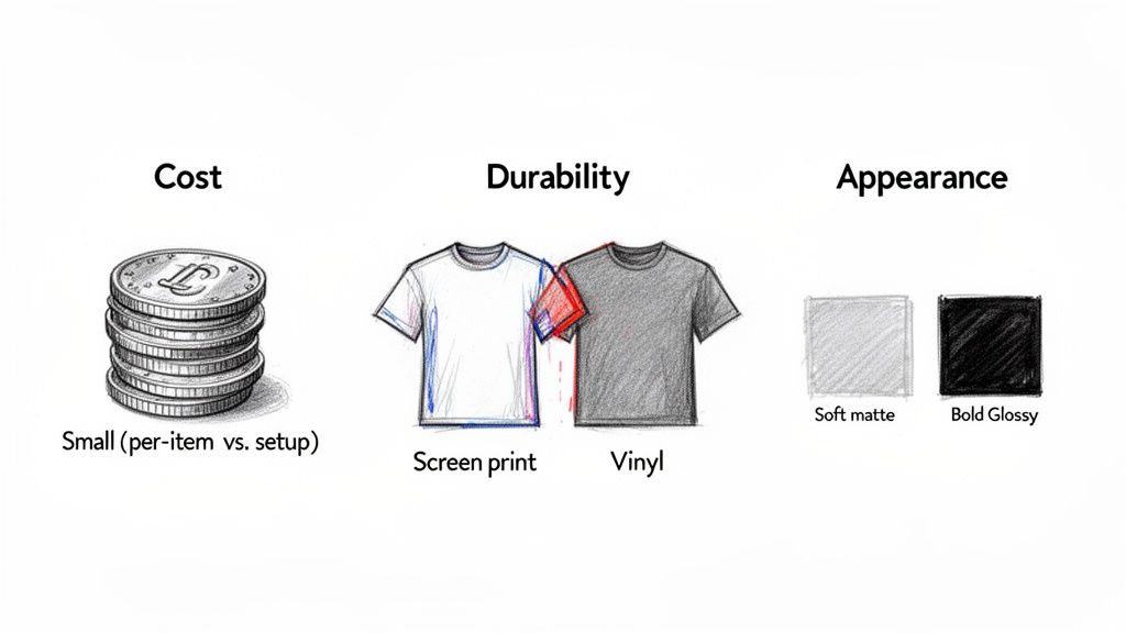 Visual comparison of t-shirt printing methods covering cost, durability (screen print vs. vinyl), and appearance.