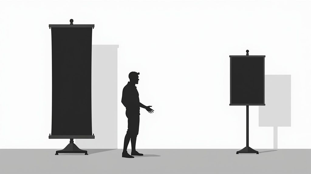 A large, vibrant trade show display with banners and signage attracting visitors