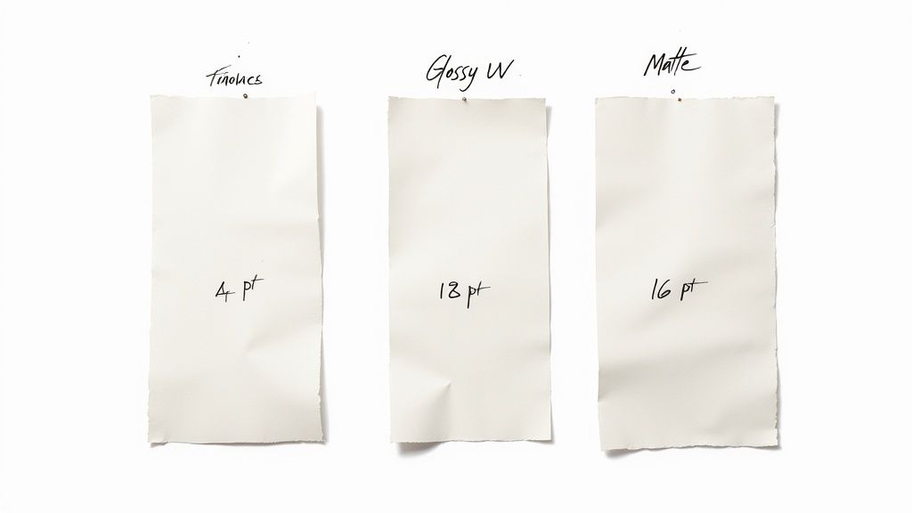 Three paper samples: FineArt 4pt, Glossy W 18pt, and Matte 16pt, showing different finishes.