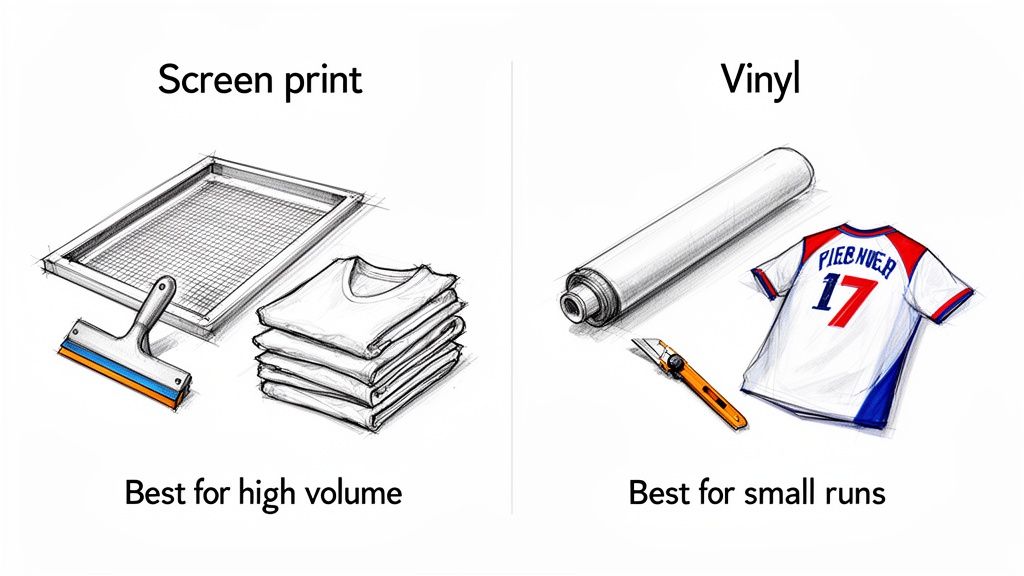 Illustration comparing screen printing and vinyl methods for apparel decoration, highlighting their best use cases.