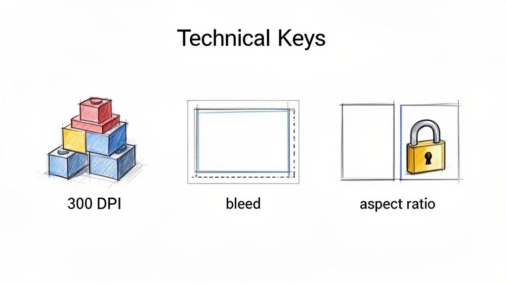 Illustrations showing technical keys for print design: 300 DPI with building blocks, bleed for print margins, and aspect ratio with a padlock.