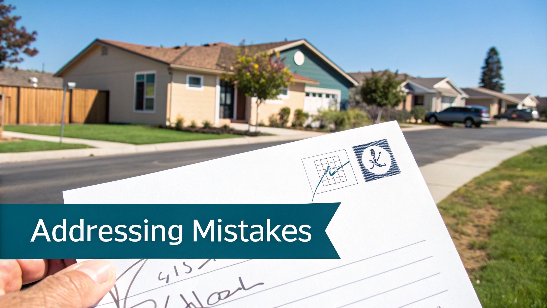 A magnifying glass hovering over a postcard address, highlighting details.