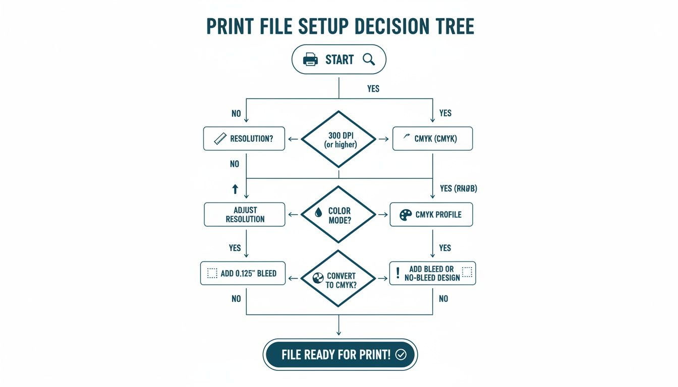 A flowchart illustrating the decision-making process for preparing a print file, covering resolution, color mode, and bleed.