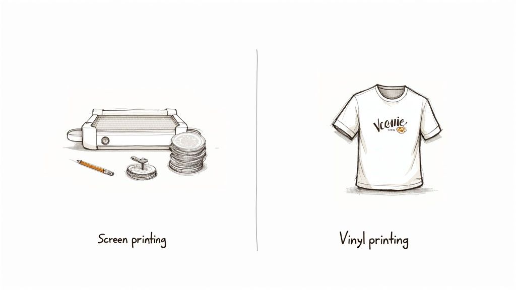 Illustration comparing screen printing equipment (press, screens) with a white t-shirt featuring vinyl printing.