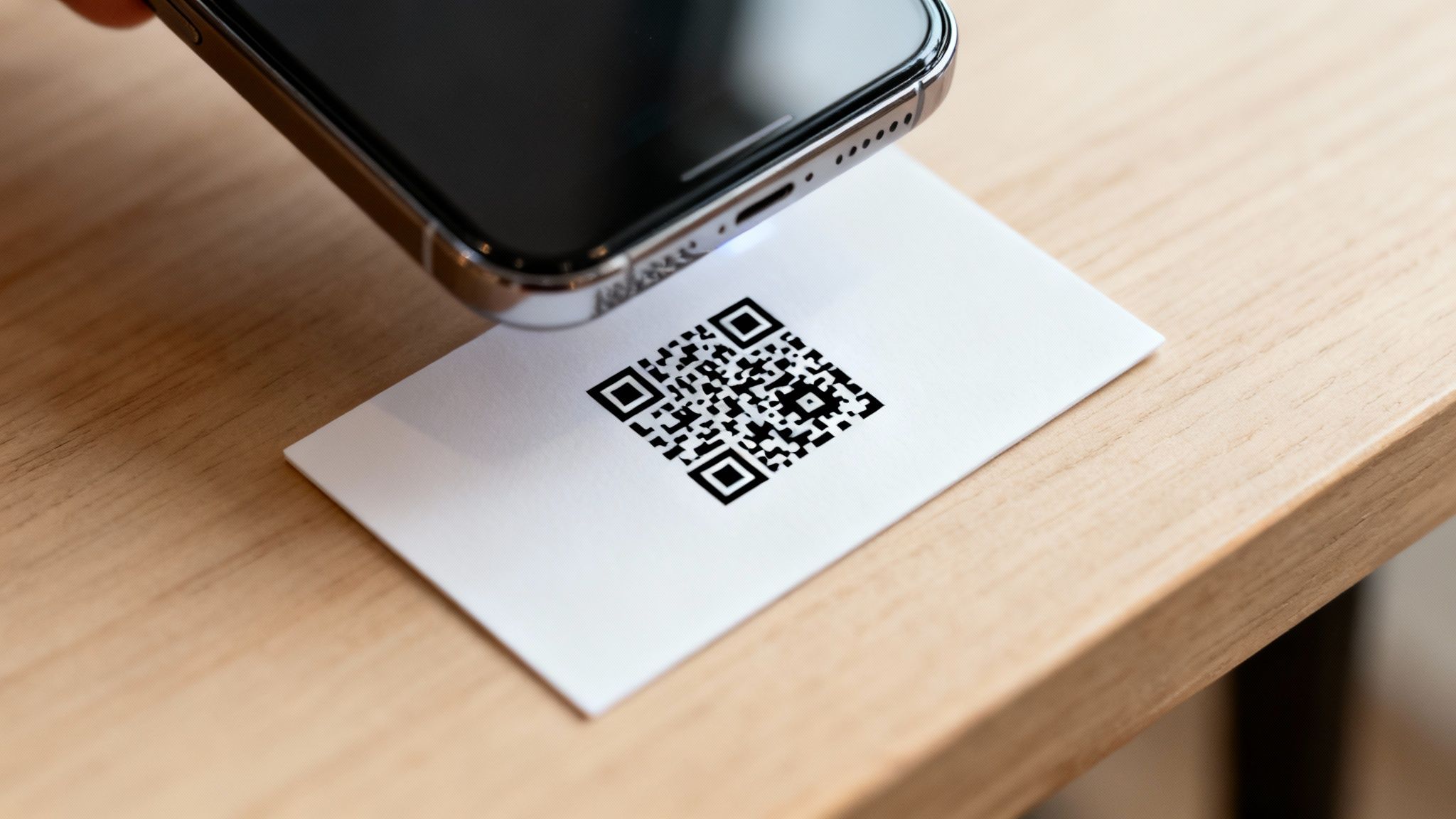 A smartphone scanning a QR code printed on a white business card on a wooden table.