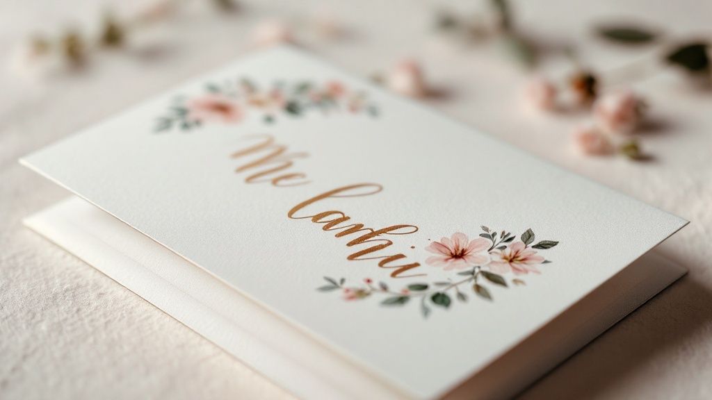 A collection of creatively designed folded cards for various occasions, like menus and thank-you notes.