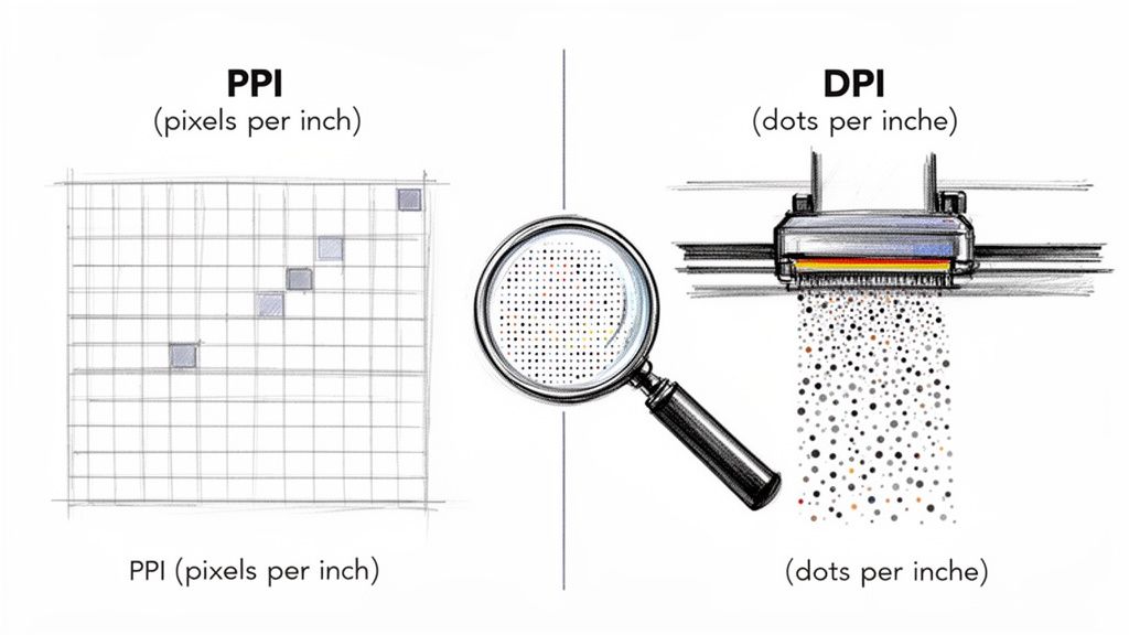 Illustration comparing PPI (pixels per inch) for digital images with DPI (dots per inch) for print resolution.
