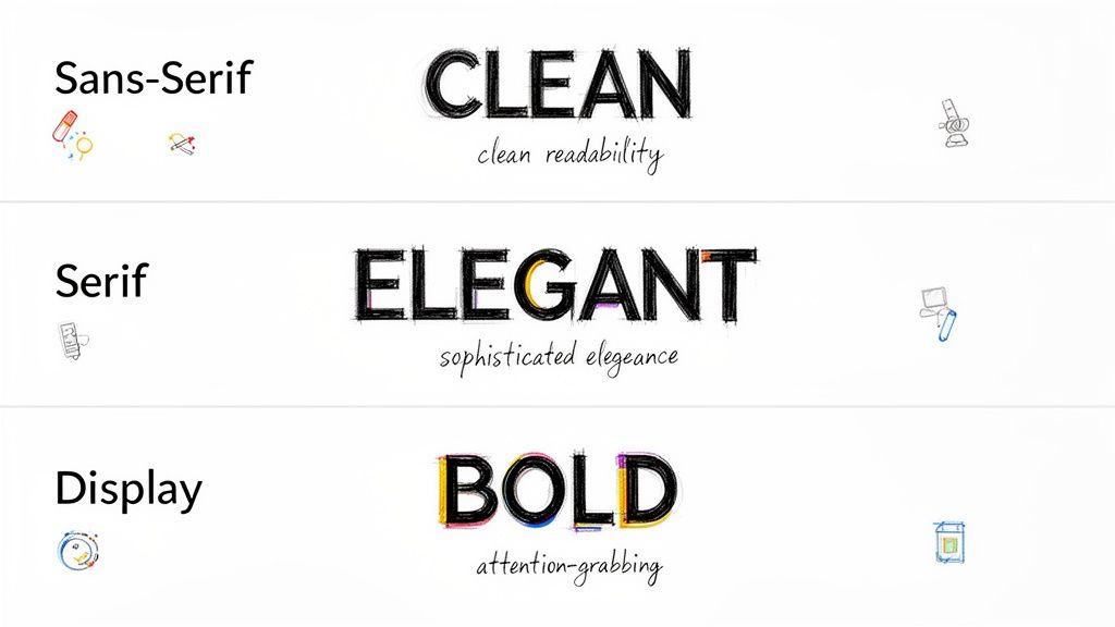 An educational infographic comparing Sans-Serif, Serif, and Display font styles with examples and characteristics.