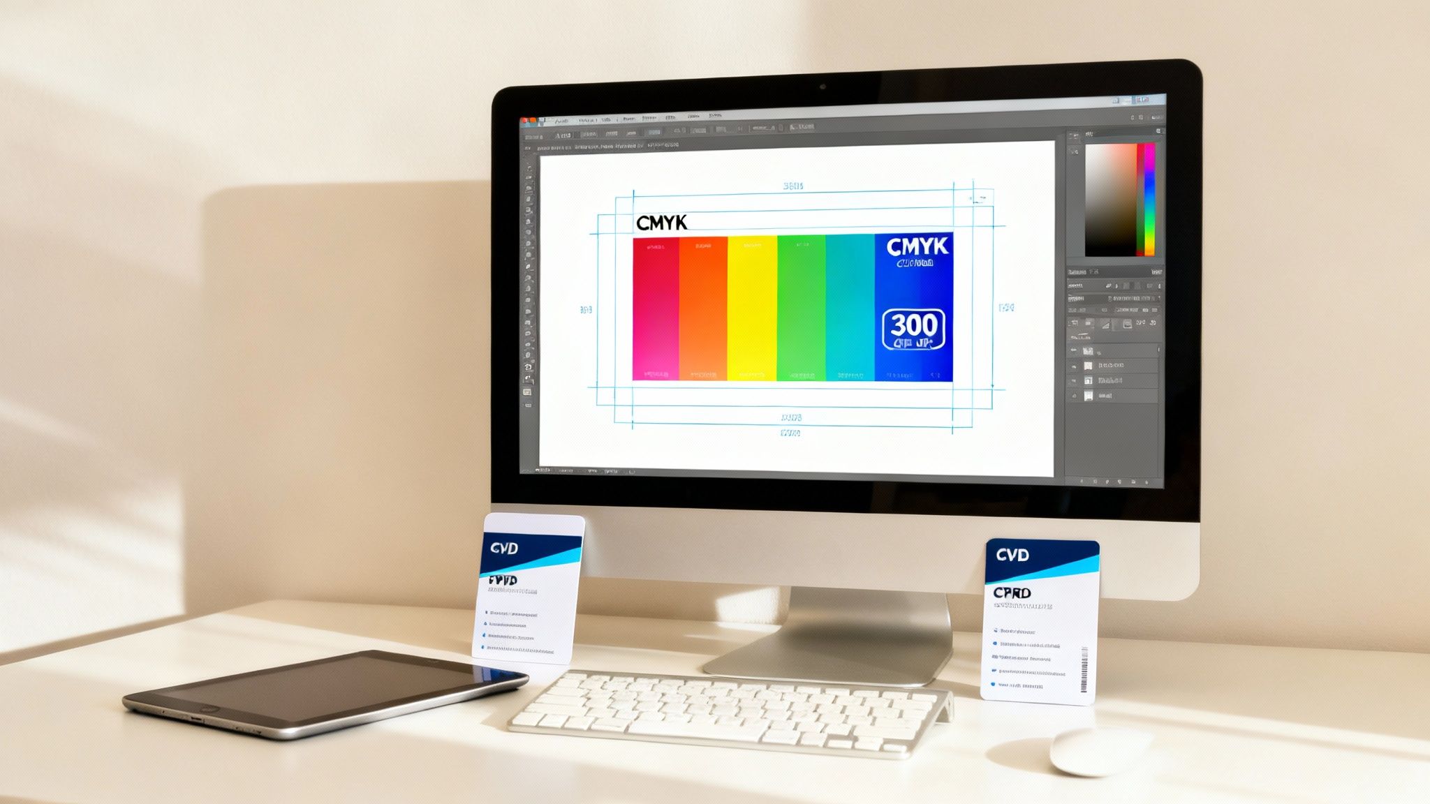A desk setup with an iMac displaying CMYK print layout, a tablet, keyboard, mouse, and two PVC cards.