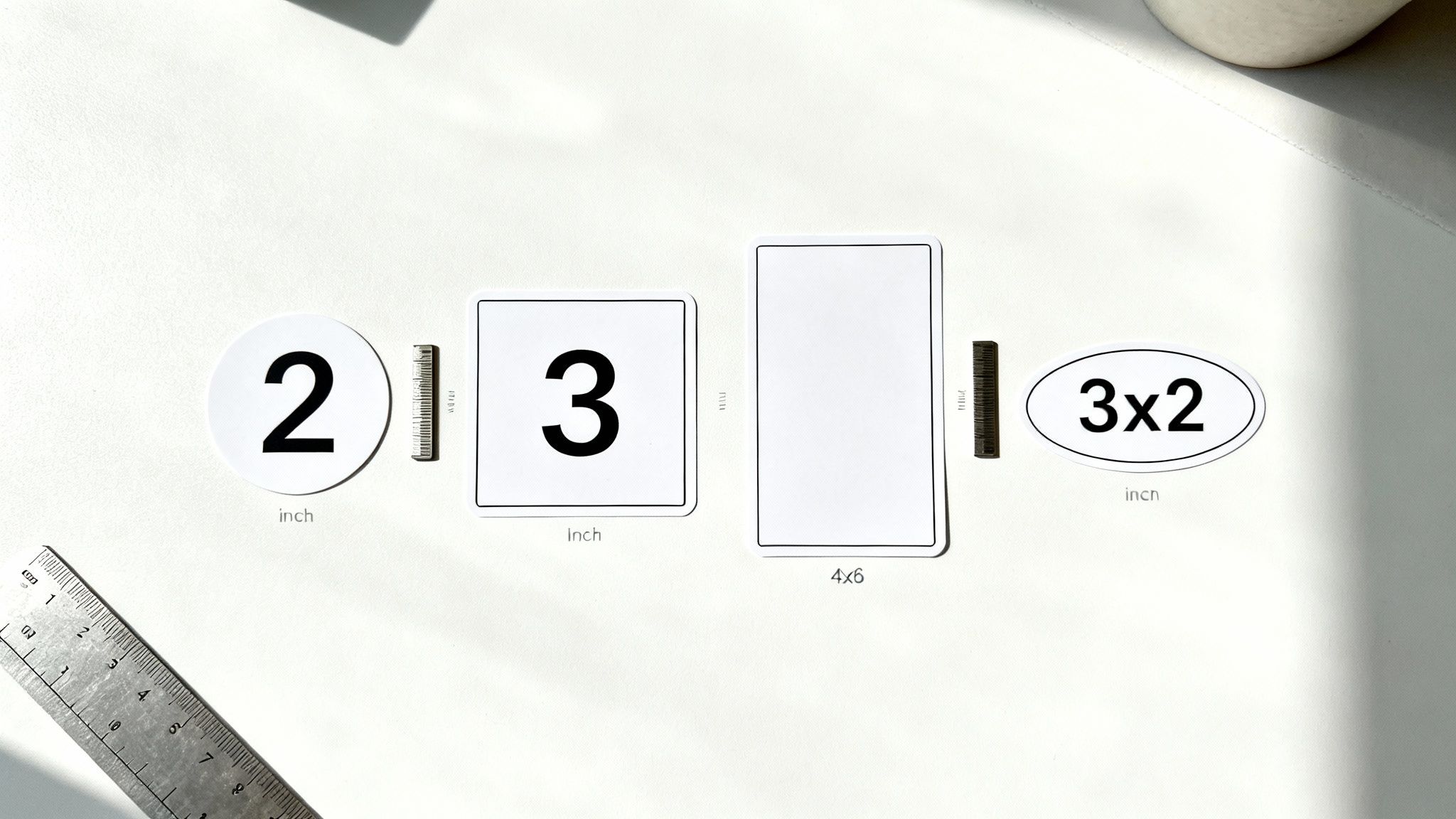 A white background displays various sticker shapes: circular, square, rectangular, and oval, with size labels and a ruler for scale.