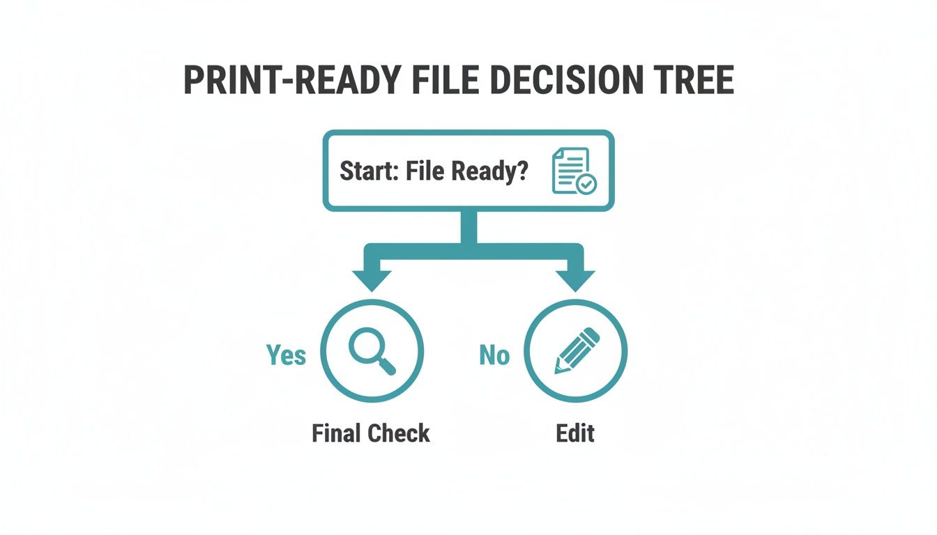 Flowchart illustrating the print-ready file decision process: Start, File Ready? Yes for Final Check, No for Edit.