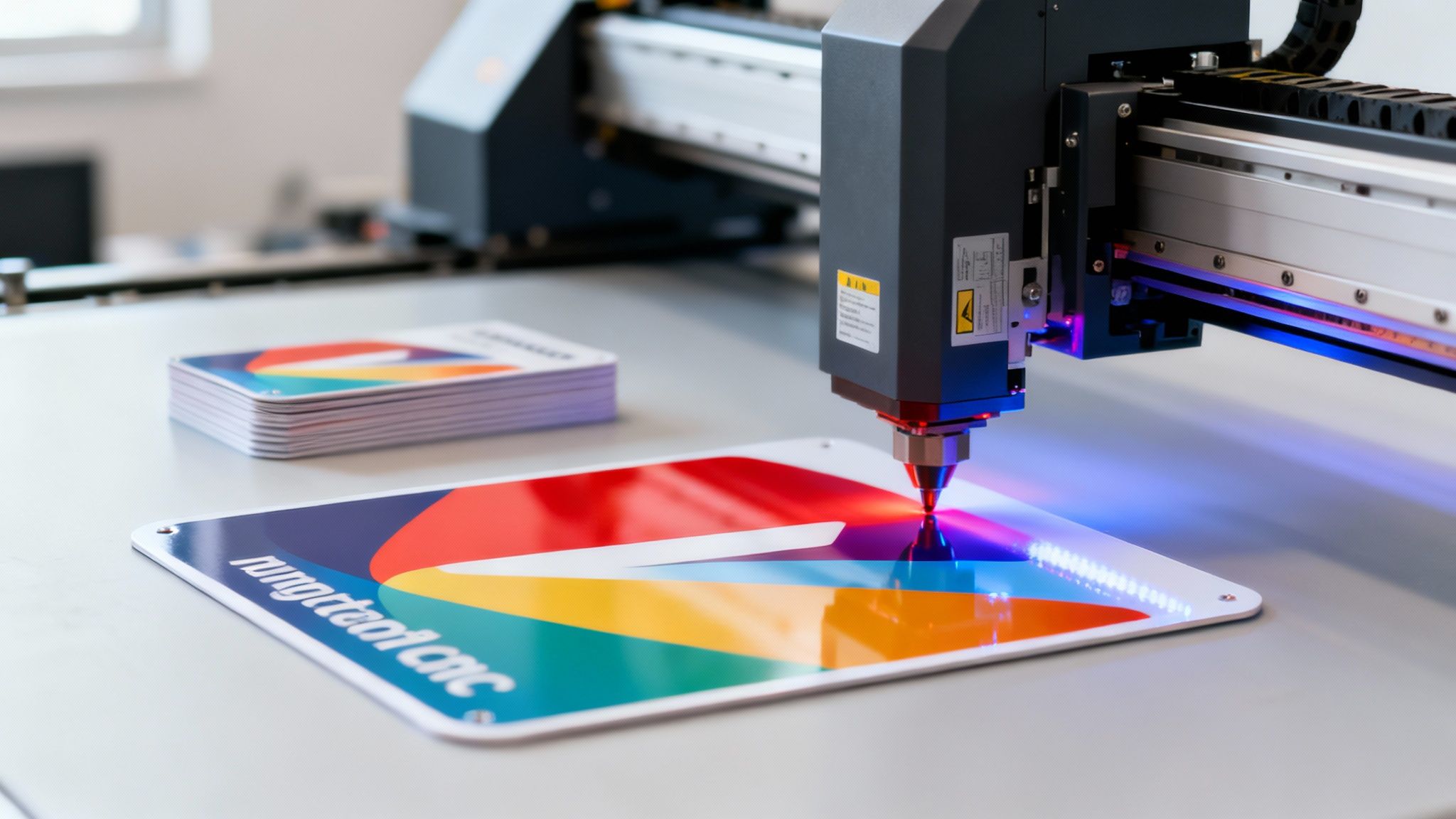 Industrial printer actively printing a vibrant logo on a white sheet, with a stack of finished prints.