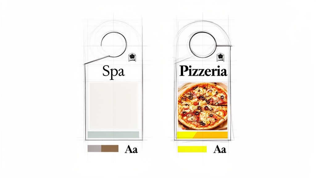 Two design concepts for door hangers: one for a spa with a neutral color palette, and one for a pizzeria featuring a pizza image.