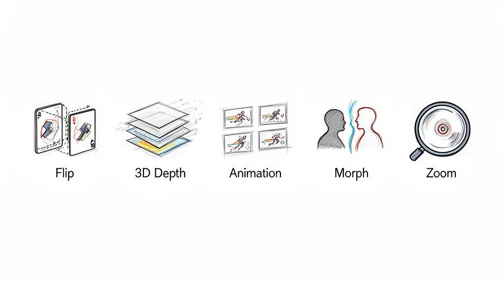 Illustrations of lenticular printing effects: flip, 3D depth, animation, morph, and zoom concepts.