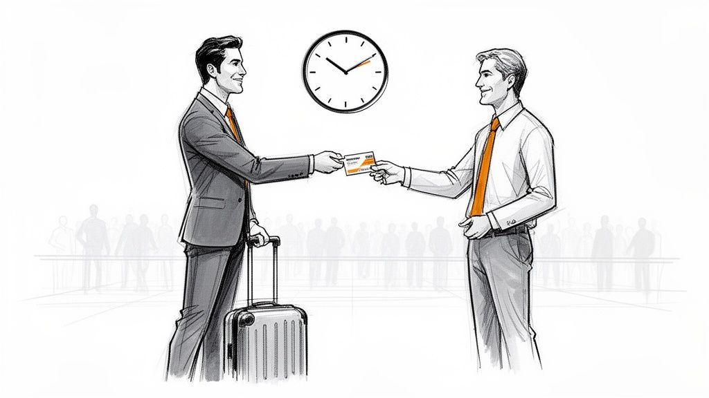 Two businessmen quickly exchanging a business card, one holding a suitcase, with a clock symbolizing speed.