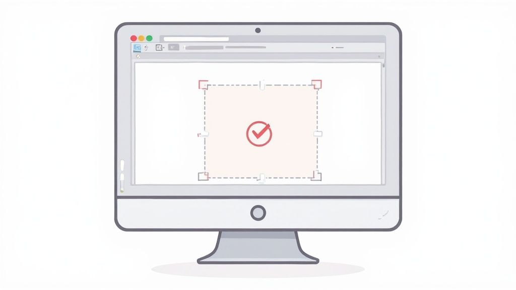 A graphic designer's desk with a computer monitor showing a design file being prepared for print, with guides for bleed and safe zones visible.