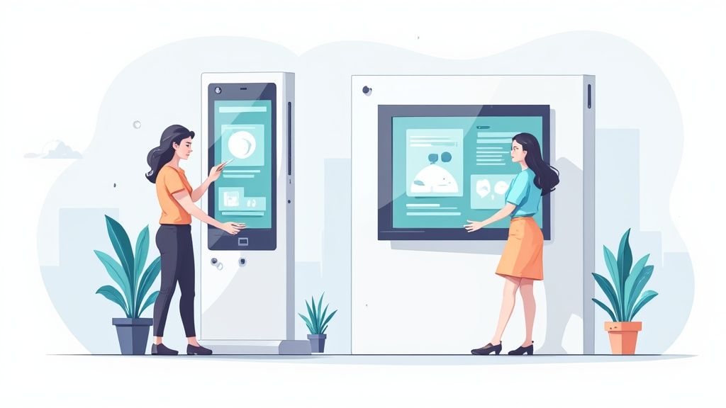 A person interacting with a modern digital signage kiosk