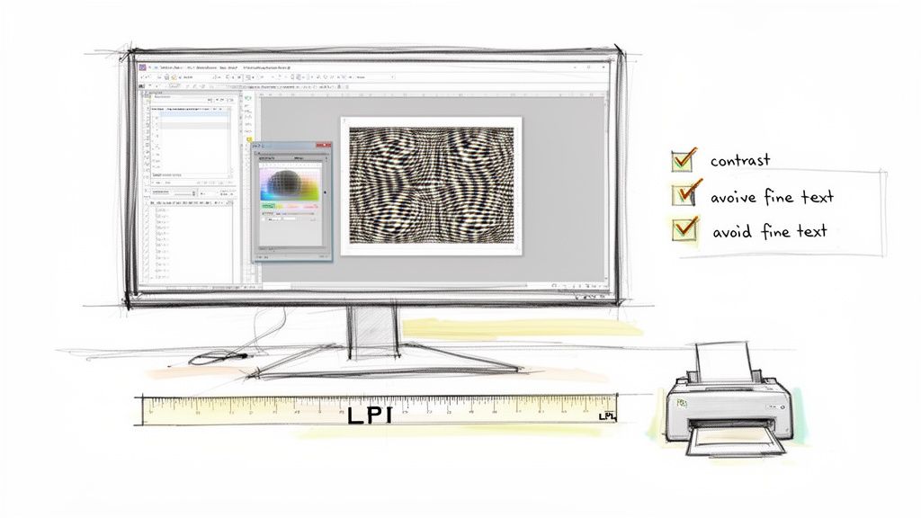 Hand-drawn illustration of a design workflow: monitor, graphic software, LPI ruler, printer, and checklist.
