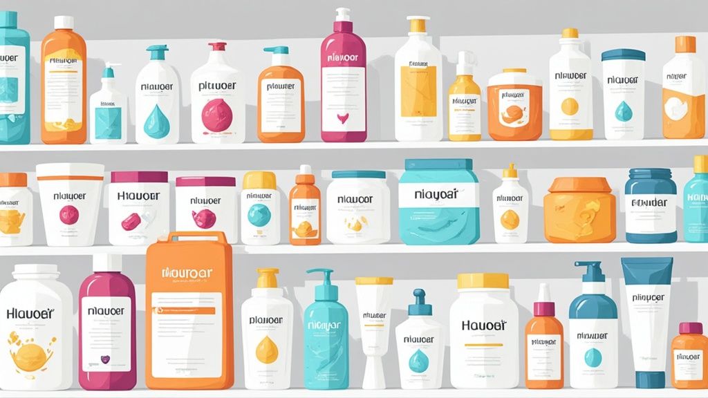 A colorful and well-designed food label on a jar, placed on a kitchen counter.