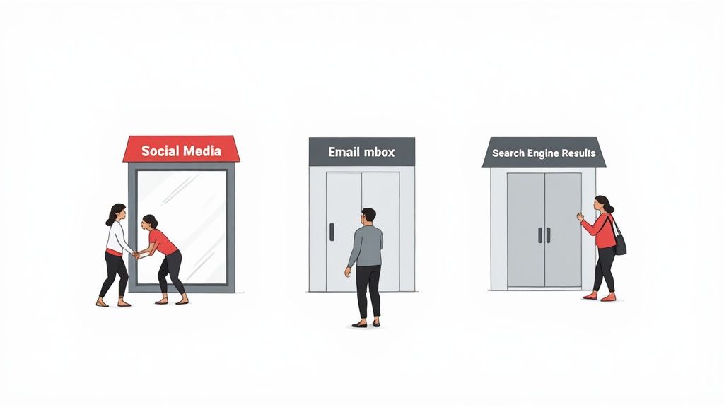 A diagram showing different marketing channels like social media, email, and print connected to a central brand, illustrating the concept of multi-channel marketing.